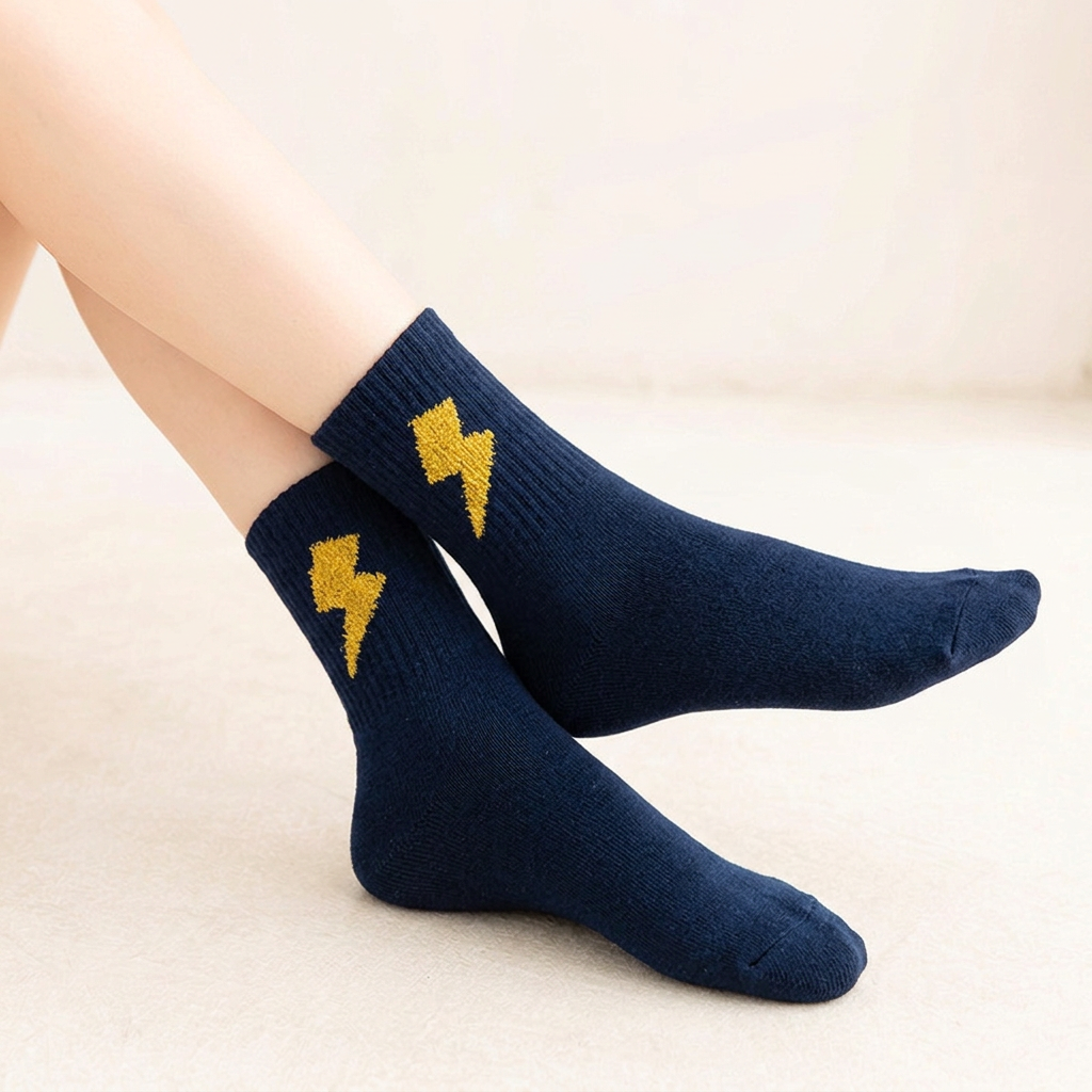 Same model and crossed-ankle pose wearing navy lightning socks